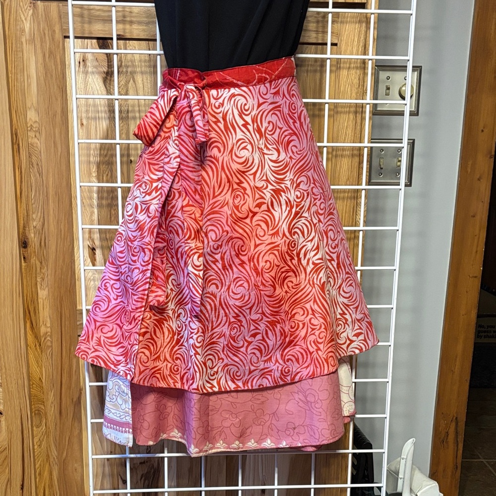 Nomad A-Line Wrap, Reversible, Skirt in Red and Pink Pattern